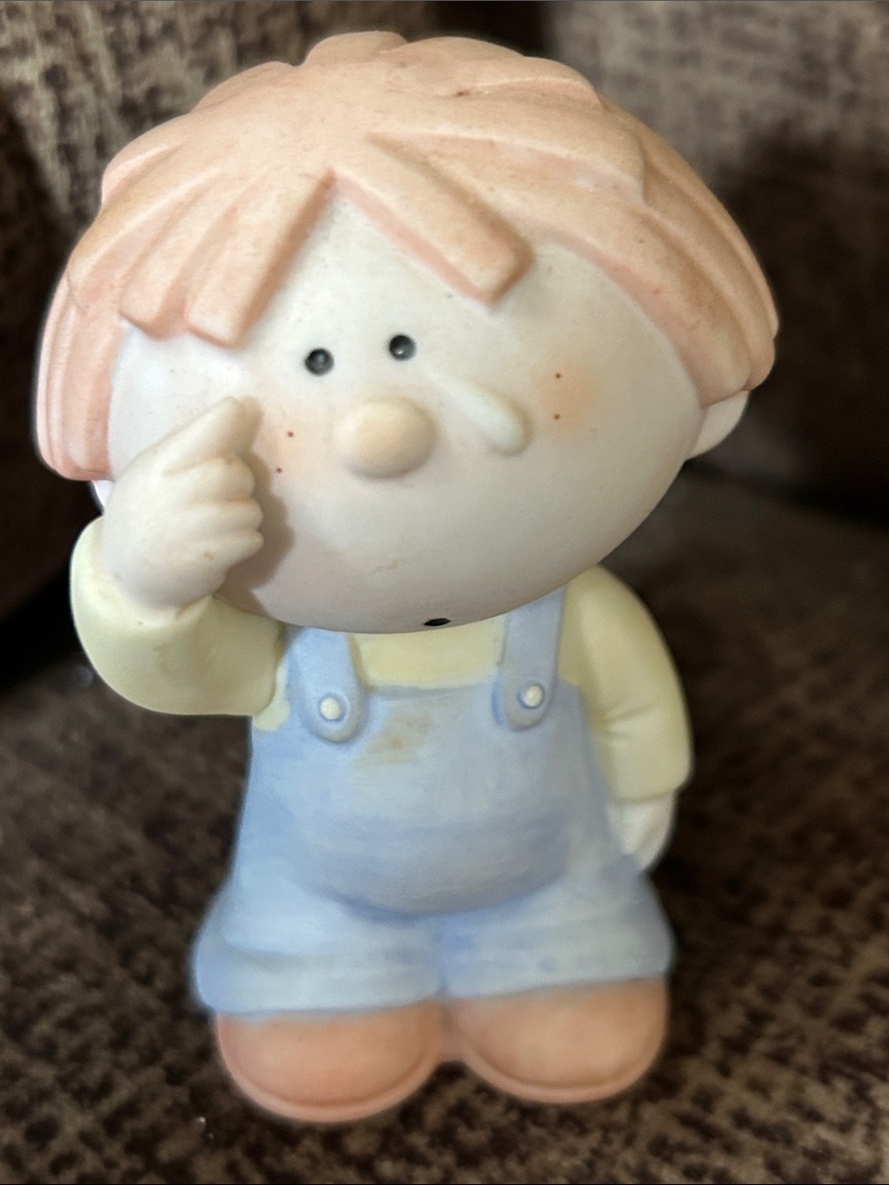 Bumpkins Cute Ceramic Figurine - Pastel Boy in Overalls Crying Vintage 1984.